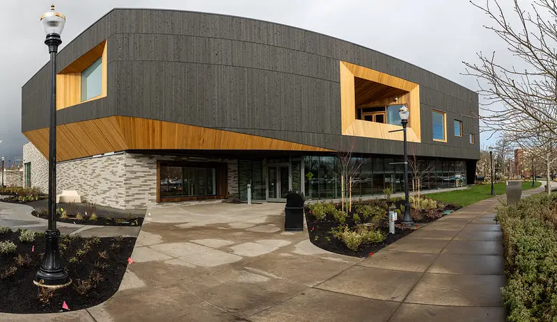 exterior of the Patricia Valian Reser Center for the Creative Arts (PRAx)